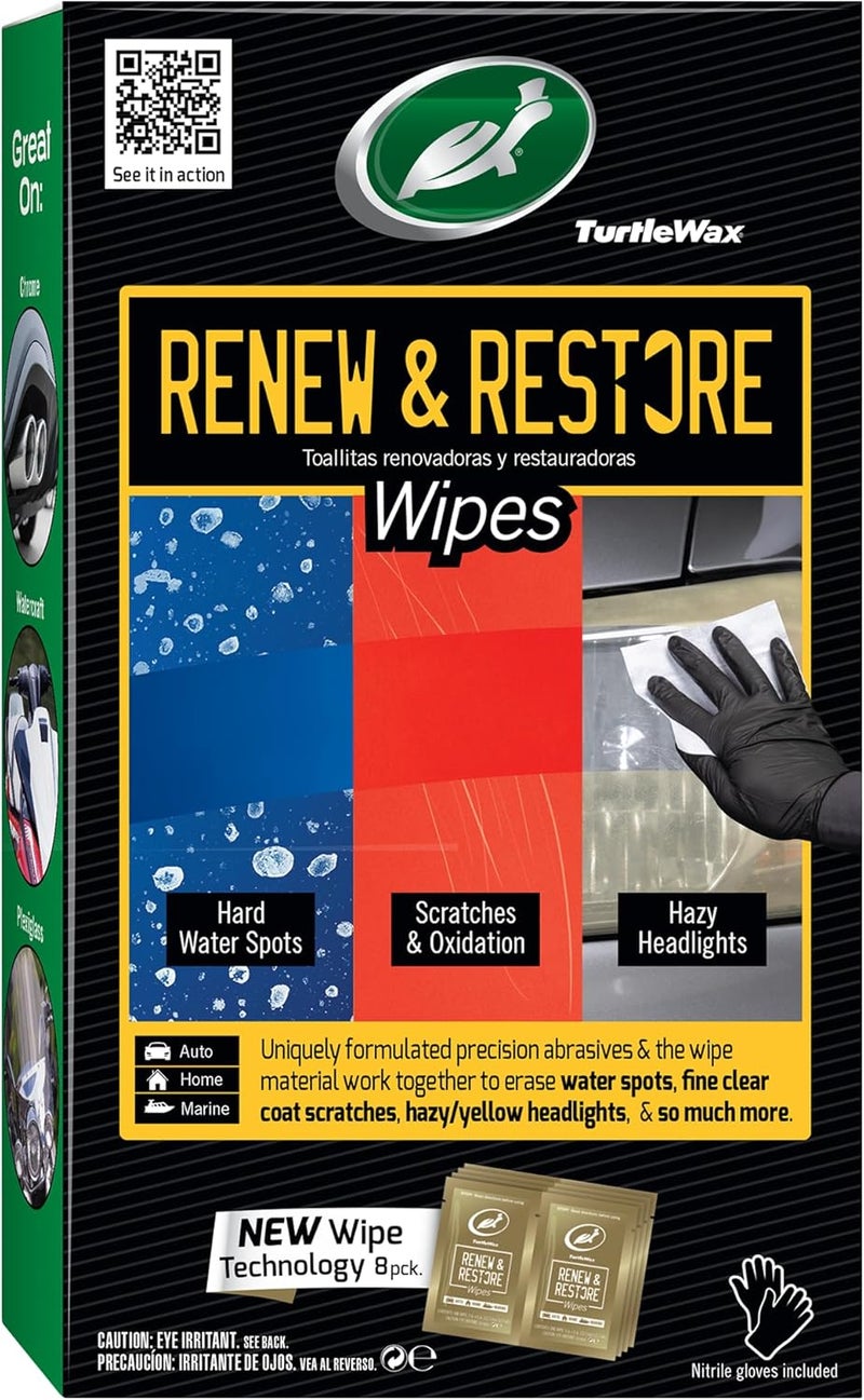 TurtleWax 54349 Renew and Restore Wipes, Car Paint Scratch Removal, Works on Water Spots, Headlight Oxidation, Glass, Metal and More, Pack of 8 Wipes - Image 1